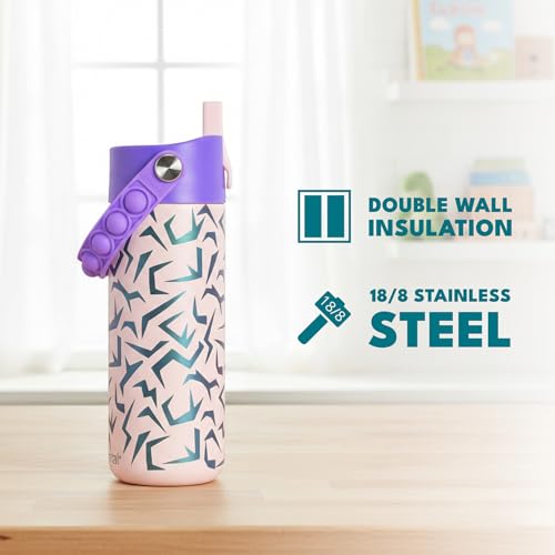 Elemental Insulated Kids Water Bottle, Stainless Steel Water Bottle with Straw Lid & Pop-It Handle, Leak-Proof Water Bottles for School, Boys or Girls, Travelling and Sports, 18oz - Light Patterns - color: Light Patterns