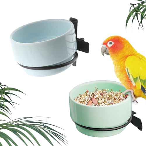 2 Pack Detachable Hanging Ceramic Bird Bowl Food Cup Convenient Hanging Water Feeder for Cage Small Canary Finch Parakeet Budgie Cockatiel Lovebird (Blue and Green)