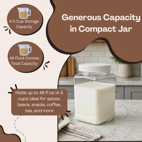 Pride of India Clear Food Grade PET Plastic Jar – 48 Fluid Ounce | Square-Grip Plastic Containers for Snacks, Candy, Cereal, Pet Food, Kitchen, Pantry & Household Storage (4-5 Cup Storage Capacity) - size: Large Square Grip Jar & Cap