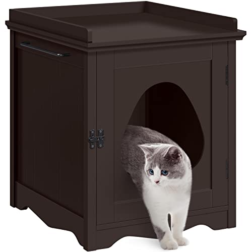 Yaheetech Cat Litter Box Enclosure, Hidden Litter Box Furniture with Side Towel Bar, Wooden Cat Washroom, Storage Cabinet, Indoor Pet House, Side Table Nightstand, Espresso - color: Espresso, size: 19″ L × 21″ W × 23″ H