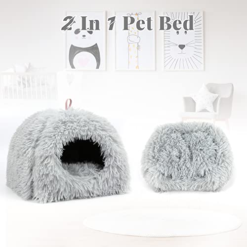 YUEPET Rabbit Bed, Rabbit Hideout, Guinea Pig Bed, Ferret Bed, Grey | Semi-Closed Cave, Long Plush Fabric, Removable Washable Pad, Non-Slip Base, for chinchilla Dwarf Rabbit - color: Grey