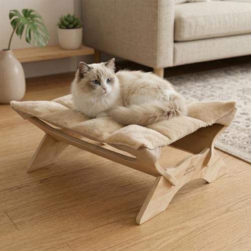 JSPYFITS Elevated Cat Bed Hammock, Raised Cat Bed with Dual-Sided Plush & Linen Cushion, Machine Washable & Breathable Cover Tool Free Easy Assembly, up to 66Lbs (Beige) - color: Chic Beige