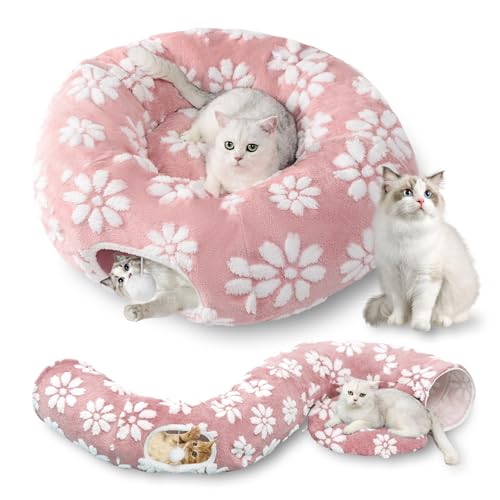 Cute Round Cat Tunnel for Indoor Cats, Pink | Peekaboo Cat Cave with Dangling Balls, Pet Donut Tunnel Bed with Circle Mat for Puppy Kitten Rabbit - color: Pink Flower, size: Round