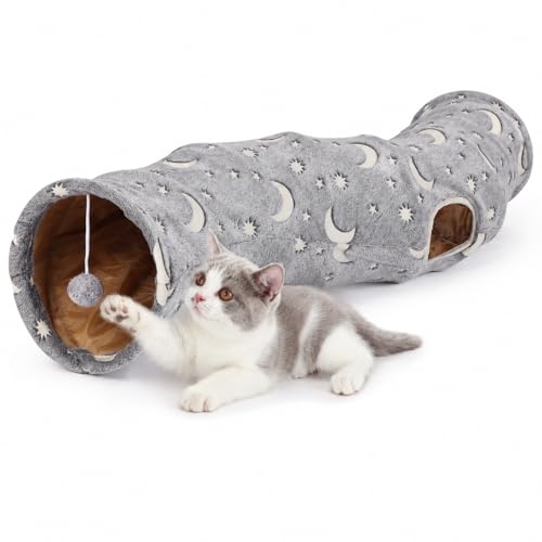 Cat Tunnel Tube with Plush Ball Toys Collapsible Self-Luminous Photoluminescence, for Small Pets Bunny Rabbits, Kittens, Ferrets,Puppy and Dogs Grey Moon Star (S-Shape) - size: S-Shape