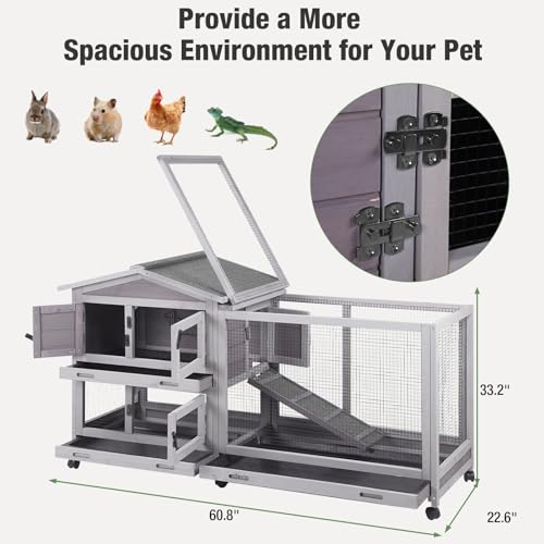 Indoor/Outdoor Rabbit Hutch with Pull-Out Tray, Weatherproof Bunny Cage & Attached Run - Also for Chickens (Grey, L) - color: Light Grey