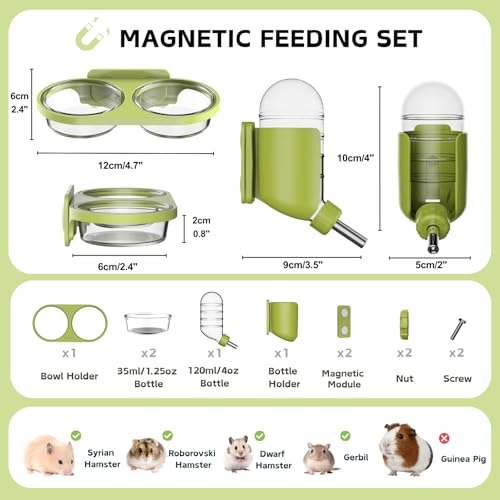 Magnetic Hamsters Feeding Set Freestanding Water Bottle Food Bowl for Glass Tanks, Suitable for Syrian Dwarf Hamsters Gerbils Mice Rats Degus (Green, Magnetic-Mounted) - color: Green