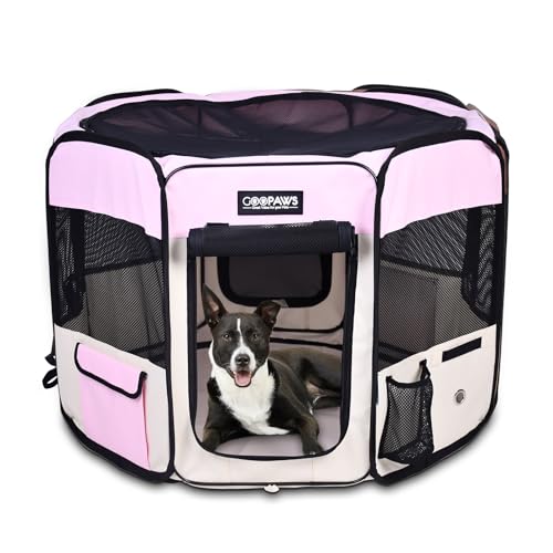 Jespet Soft Dog Playpen, Portable Pet Exercise Pen Kennel with Carry Bag | 2-Door, Easy to Fold, Ground Stakes, Zipper Locks, Large Storage Pocket, Washable Top Mesh Cover & Bottom Cover - color: Pink, style: 45x45x24 Inch (Pack of 1)