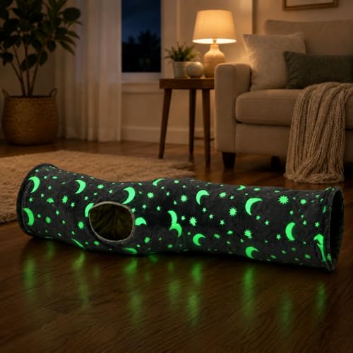 Cat Tunnel Tube with Plush Ball Toys Collapsible Self-Luminous Photoluminescence, for Small Pets Bunny Rabbits, Kittens, Ferrets,Puppy and Dogs Grey Moon Star (S-Shape) - size: S-Shape