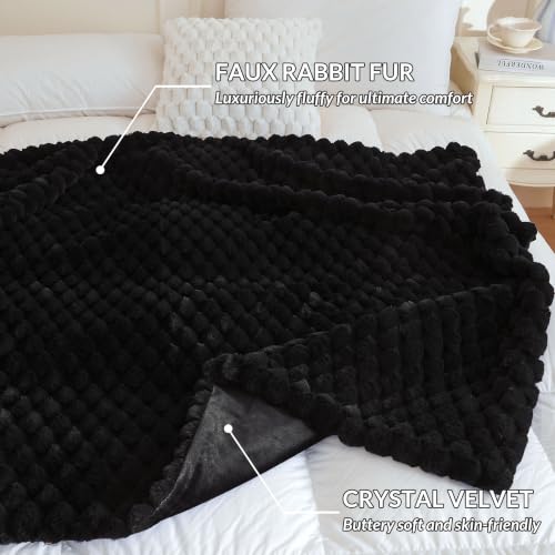 XeGe Luxury Bubble Fluffy Faux Rabbit Fur Bed Blanket Queen Size, Black | 90"x90", Double-Sided, Hypoallergenic, No-Shed, Washable, Plush Shaggy Blanket for Bed Couch Sofa Snuggling Lounging Napping - color: Black, size: Queen (90" X 90")