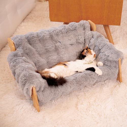 Elevated Cat Couch Bed Wooden Raised Kitty Sofa Lounge Chair | Washable Fluffy Cover Wooden Elevated Pet Furniture for Indoor Cats and Puppy(Dark Grey) - color: Cat Sofa-Dark Grey(Blue)