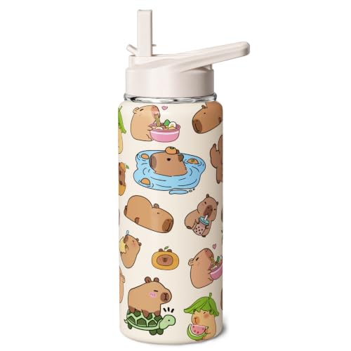 Capybara Water Bottle 18oz Cute Thermoses Gifts Stuff for Kids Girls Women | Vacuum Insulated，Stainless Steel，Leak-proof， - color: Cute capybara, size: 18 Ounces