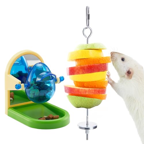 2Pcs Rat Enrichment Toys Set - Fruit/Veg Holder & Treat Dispenser | Interactive Foraging Puzzle Toys for Rats/Mice/Birds, Cage Accessories with Hanging Feeder & Intelligence Game