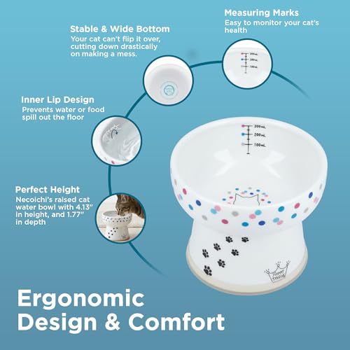 Necoichi Ceramic Elevated Cat Water Bowl, Whisker-Friendly (Colorful Dots, Extra Tall) - color: colorful Dot, size: Extra Tall