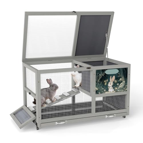 COZIWOW 36.5-Inch Double-Decker Wooden Rabbit Hutch with Wheels, Featuring A Cleaning Tray and Ladder—Stylish and Easy to Assemble（Grey and Pattern） - color: Grey and Pattern