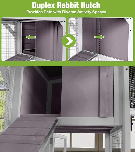 GUTINNEEN Duplex Rabbit Hutch Indoor with Chew-Proof Frame & 2 Leak-Proof Sliding Trays, Rain Cover, Wooden Guinea Pig Cages with Wheels - Grey - color: Grey