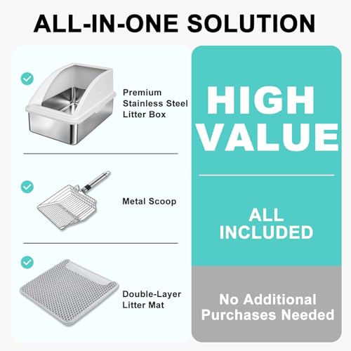 AIPERRO Stainless Steel Litter Box | XL Enclosed Cat Litter Boxes with Lid for Big Cats | High Sided, Anti-Urine Leakage | Non-Stick Bottom & Includes Litter Mat & Metal Scoop - color: Silver Grey, size: X-Large