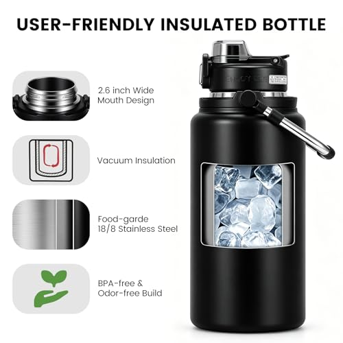 85oz Insulated Water Bottle 2-in-1 Lid,Black | Stainless Steel, Leak-Proof, 24H Cold & 12H Hot, Handle, for Gym, Camping, Hiking.