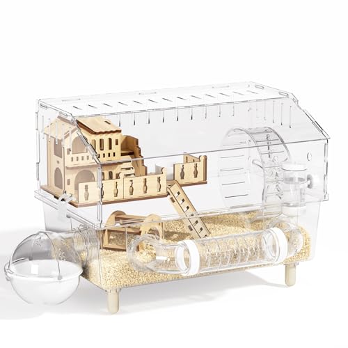 9 in 1 Acrylic Hamster Cage, Clear Dwarf Hamster Cage, with Tubes and All Accessories, 2-Tier Mouse Habitat, Easy to Clean, Suitable for Small Pets (Transparent)