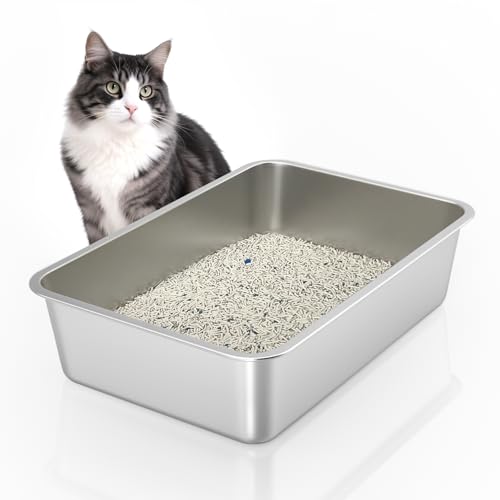 WENBOKMIN Stainless Steel Cat Litter Box - (23.5" L x 15.5" W x 6" H) | Non Slip, Easy to Clean, Never Absorbs Odor, Stains, or Rusts - size: 24" L x 16" W x 6" H