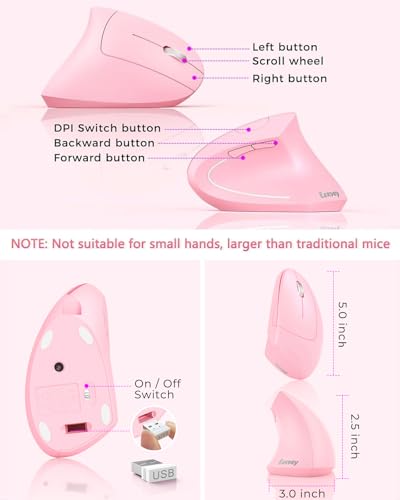 Lekvey Ergonomic Mouse, Rechargeable Vertical Wireless Mouse, Pink | USB-C Charging, 2.4G USB Plug & Play, Quiet Click, 800/1200/1600 DPI, 6 Buttons, Carpal Tunnel Mouse, for Laptop, PC, Mac - color: Pink
