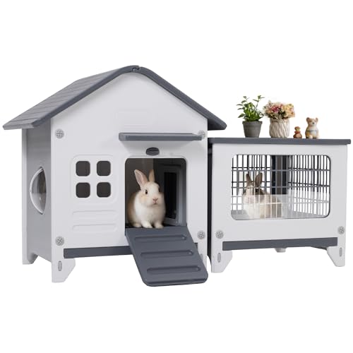 Plastic Rabbit Cage Outdoor Indoor, Bunny Cage Guinea Pig Cages with Run | Waterproof Rabbit Hutch Leak-Proof Pull-Out Tray&Chew-Proof, Easy-Clean & Ideal for Small Animal Cage Enclosure - size: 45.3"L x 20.1"W x 27.2"H