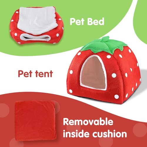 Guinea Pig Bed, Cozy Rabbit Hideout with Warm Fleece Washable Cuddle Cup Winter Sleeping House for Small Pets Strawberry Style