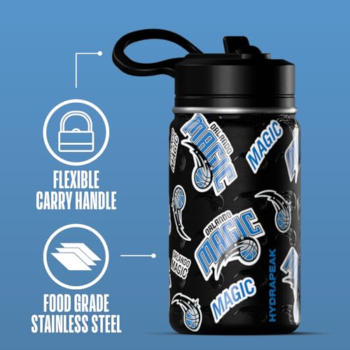 Hydrapeak NBA Officially Licensed Orlando Magic Mini 14oz Kids Stainless Steel Water Bottle with Straw Lid & Flexible Handle, Double Wall Insulated, Spill Proof, Perfect for Back to School - color: Orlando Magic