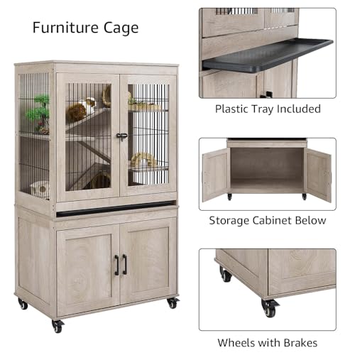 unipaws Ferret Cage with Storage and Ramp, Large Vertical Hamster Cage | Iguana, Rabbits, Chinchillas, Pet Rats, Guinea Pigs - Multi-Level Small Animal Cage with Platforms, and Wheels - size: 55“H