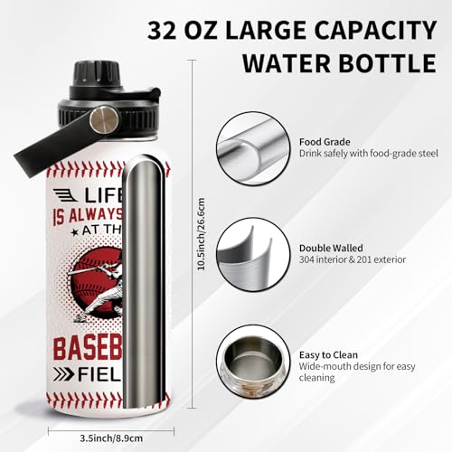 Baseball 32oz Water Bottle, Leak-proof Bottle, Stainless Steel Cup | 32oz Insulated Tumbler, with Handle & Lid Reusable Coffee Mug, Christmas Birthday Gift for Baseball Lovers Man - color: Baseball