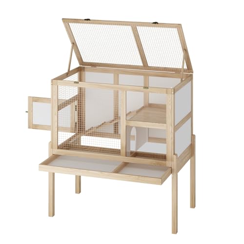 Timechee Guinea Pig House for 2 with Stand, Small Animals Rabbit Cages with a Pull Out Tray, Wooden 2 Stories Indoor Large Hamster Habitat Playpen with Ramp, Hideout, Platform