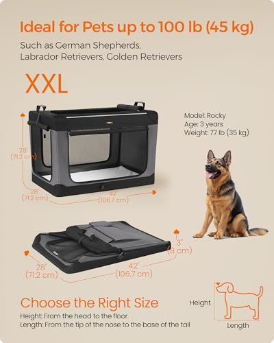 Feandrea Collapsible Dog Crate, Portable Travel Crate, 42-Inch | Oxford Fabric Pet Carrier with 4 Mesh Doors, Handles, Storage Pocket, Water Bottle Holder, UPDC021B01 - size: XXL（42"L x 28"W x 28"H)