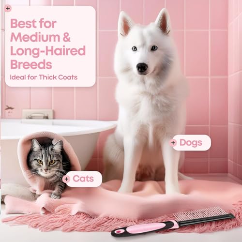 Flexzion Metal Pet Comb for Cats & Dogs - Sturdy Stainless Steel Rounded Teeth with Non-Slip Soft Grip Handle Easy to Use Grooming Detangling Cat Combs for Indoor Cats, Pink - color: Chrome,Pink