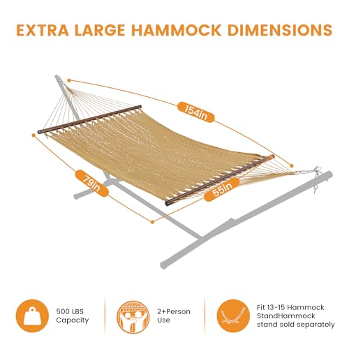 Lazy Daze XL Handwoven Caribbean Rope Hammock, 2+ Person Hammock | 13FT Polyester Outdoor Hammock with Spreader Bars & Straps & Carabiners, 500lbs Capacity for Outside, Patio, Tan - color: Tan