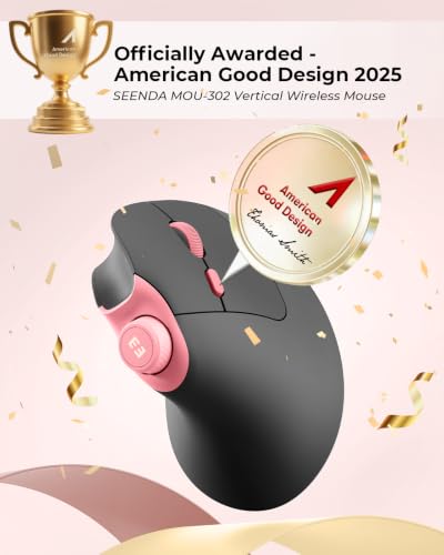 seenda MOU-302 Wireless Bluetooth Ergonomic Vertical Mouse with Volume Knob | Rechargeable 3-device mice for small/medium hands with quiet clicks, 1000/1600/2400 DPI for PC, laptop, MacBook, Black Pink - color: Black Pink