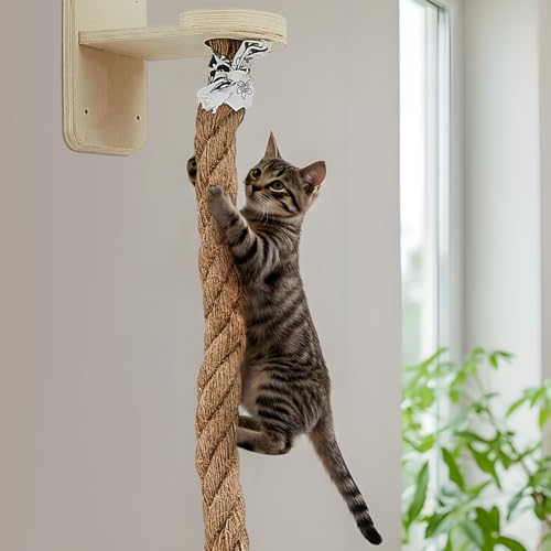Weysat 2" x 4.92 ft Cat Climbing Rope with 2 Jumping Platform Wall Mounted Thick Jute Cat Scratching Post Furniture Wall Climbing System for Kittens & Large Cats(Wood,Regular) - color: Wood, style: Classic