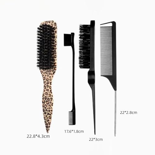4 Pcs Hair Styling Tool Set, Detangling Brush & Rat Tail Comb, Edge Control Brush Kit, Yellow Leopard Print Hair Accessories for Flyaway Smoothing
