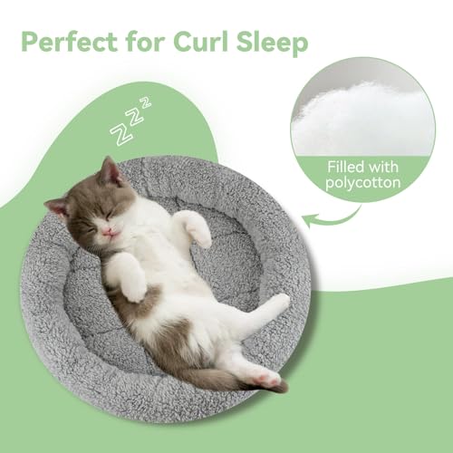 LESYPET Cat Bed for Indoor Cats, Small Pet Bed Curl Sleep Cushion with Raised Pillow Around, Non-Slip Bottom Washable Pet Beds Mat for Small Pets Rabbit Hamsters, Round Diameter 15.7"