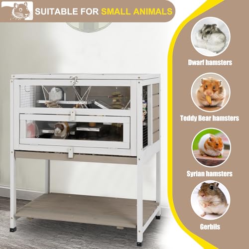 PetsCosset 25.6" Wooden Hamster Cage with No-Leak Pull-Out Tray | No-Leak Pull-Out Tray, Shelf and Ladder, Included Food Bowl, For Hamsters and Guinea Pigs, Small Animal Cage