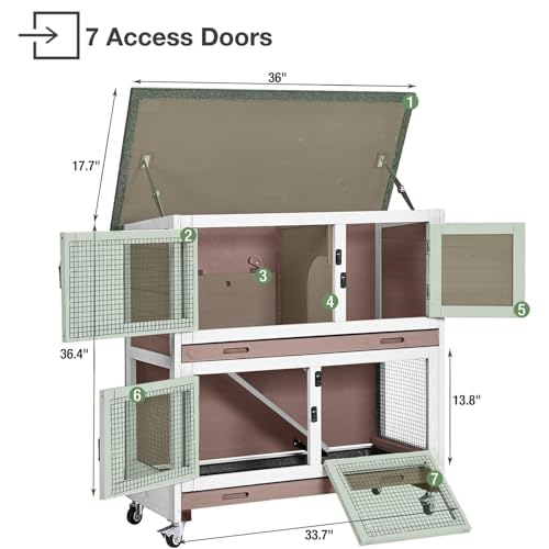 Rabbit Hutch Bunny Cage Wooden 2-Story Indoor Outdoor Small Animal House with Wheels, Two Removable Trays, Guinea Pig Cage (Brown) - color: Brown