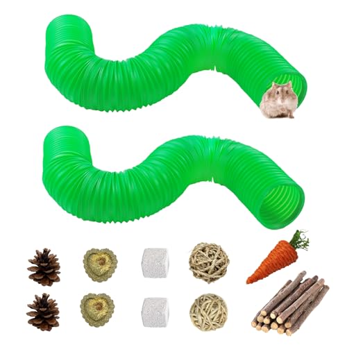PINVNBY Plastic Tunnel for Hamster,2 PCS Guinea Pigs Tunnels with 19 PCS Chew Toy Collapsible Ferret Hideout Tubes Small Animals Cage Accessories for Hamsters Mouse Rat Gerbils Rats Mice(Green) - color: 【Green】