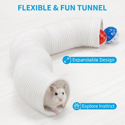 Hamster Collapsible Tunnel Tube Toys with 4 Bell Balls, Expandable Small Animal Hideout Exercise Toy 7.8inch Unextended 32.7inch Extended for Guinea Pig Gerbil Rat Ferret (White) - color: White