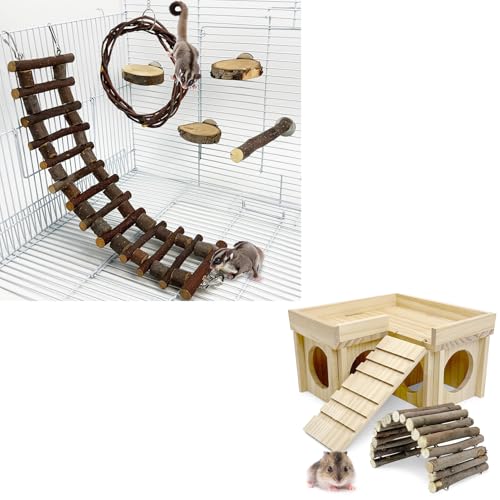 BNOSDM Sugar Glide Cage Accessories 6 Packs Wood Sugar Glider Toys and Hamster Wood House with Ladder Bundle