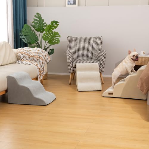 Aodisman Dog Stairs for Small Dogs,3 Step Dog Ramp for Couch,Non-Slip Steps | Pet stairs help small dogs,old cats,and puppies reach couches and chairs easily,durable indoor dog steps,15.4" H,Light Grey - color: Light grey
