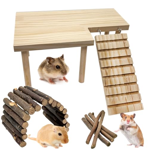 Wooden Hamster Platform with Legs, Small Syrian Hamsters Climbing Platforms with Ramp Kit Wood Ladder Bridge Rat Playing Toy Standing Table Gerbil Cage Accessories - size: Small