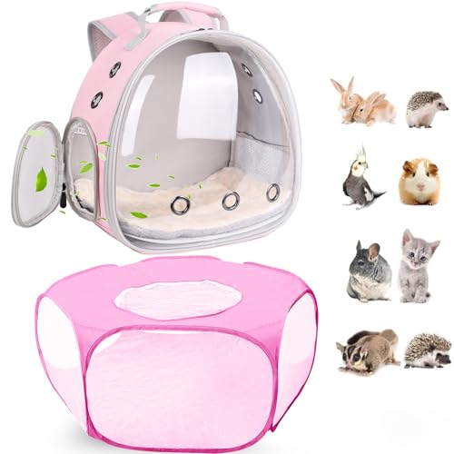 2-Pack Guinea Pig Carrier Backpack and Playpen with Lid, Breathable Pet Playpen Pop Open Exercise Fence, Portable Small Animal Cage for Rabbits, Chinchillas, Squirrel, Lizard, Sugar Glider - color: Pink