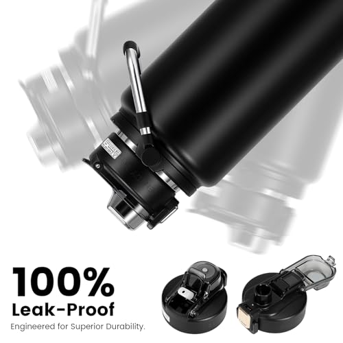 85oz Insulated Water Bottle 2-in-1 Lid,Black | Stainless Steel, Leak-Proof, 24H Cold & 12H Hot, Handle, for Gym, Camping, Hiking.