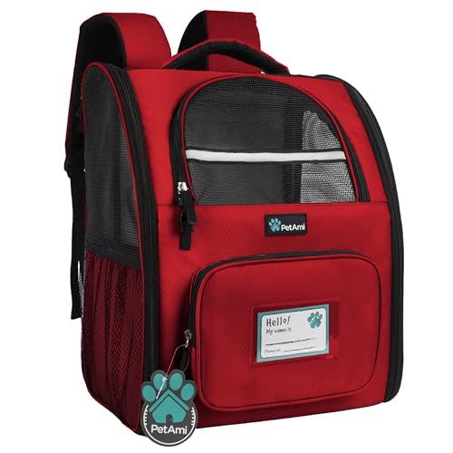 PetAmi Dog Backpack Carrier Airline Approved Cat Pet Puppy Bag, Red | Ideal for Small Medium Large Pet up to 18 lb, 2 Side Entry Structured No-Collapse Frame, Ventilated Bookbag for Hiking Travel - color: Red