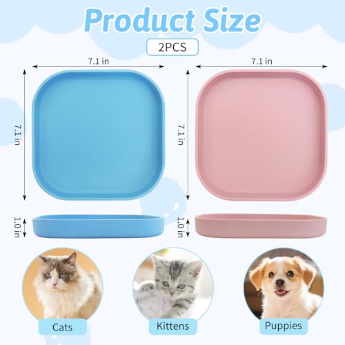 Fhiny 2PCS Silicone Cat Bowls Set 7.1 x 7.1 in Shallow Dog Dish Whisker Friendly Cat Food Plate for Dry & Wet Food Dishwasher Safe Non-Slip Pet Feeding Bowls for Kittens and Puppies (Pink+Blue) - color: Blue+Pink