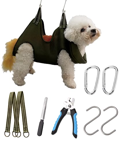 Kkiimatt 10 in 1 Dog Grooming Hammock Harness with Clippers/Trimmer, Dog Nail Hammock, Grooming Sling Holder Hanger Restraint for Nail Trimming/Clipping (S/Under 30lb, Khaki Green) - color: Khaki Green, size: S/Under 30 lb