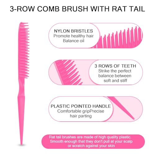 SIMPOR 3 Row Hair Comb for Natural Detangling, Hair Styling Brush, Nylon Bristle Unbraider Teasing Rat Tail Comb for Women Men Rose Pink - color: Pink